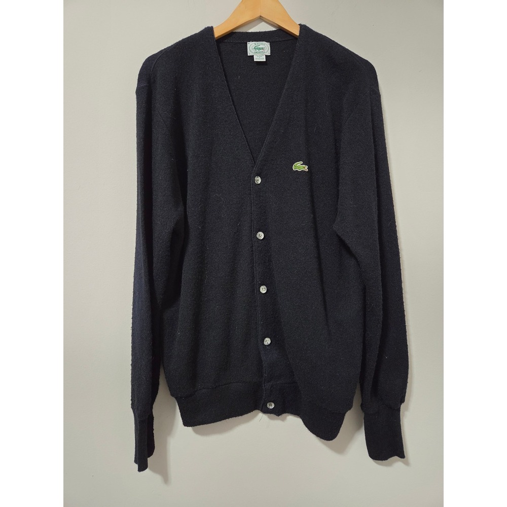 Vintage Izod Lacoste Mens Cardigan Sweater Navy Blue‎ Orlon Acrylic Large USA
